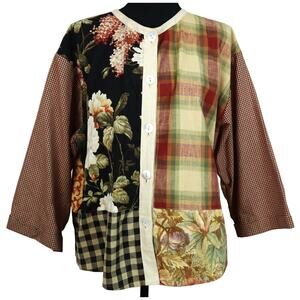 Vintage 90s Shacket Jacket Cardigan Patchwork Plaid Floral Button Down Linen